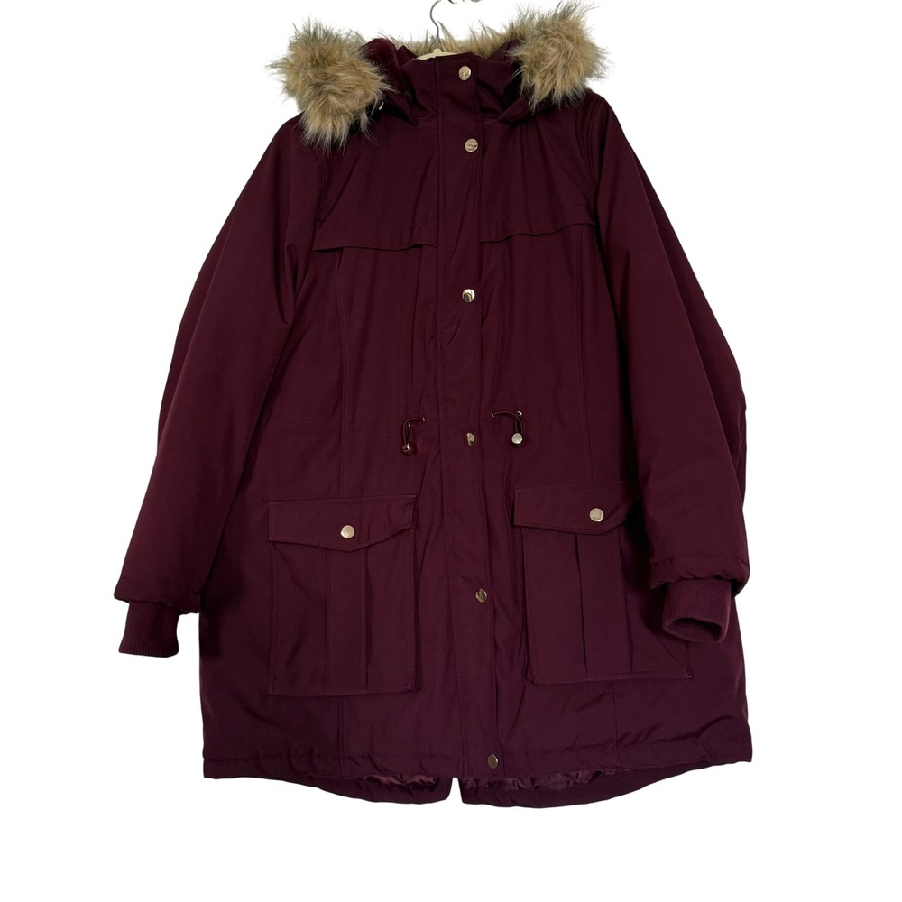 Time and Tru Anorak Parka Women 2X Purple Faux Fur Hood Quilted Lining Coat